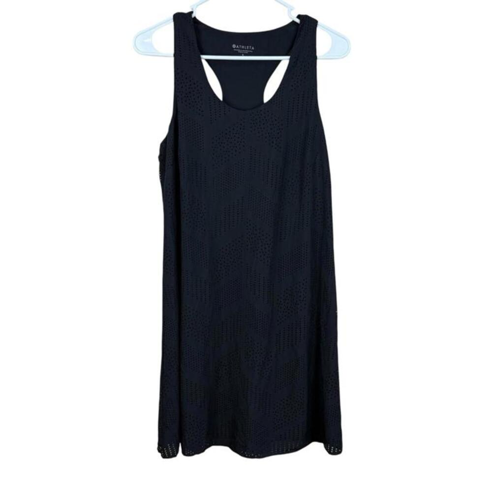 ATHLETA‎ BLACK BROOKFIELD PERFORATED LASER CUT A-LINE RACERBACK ACTIVE DRESS S